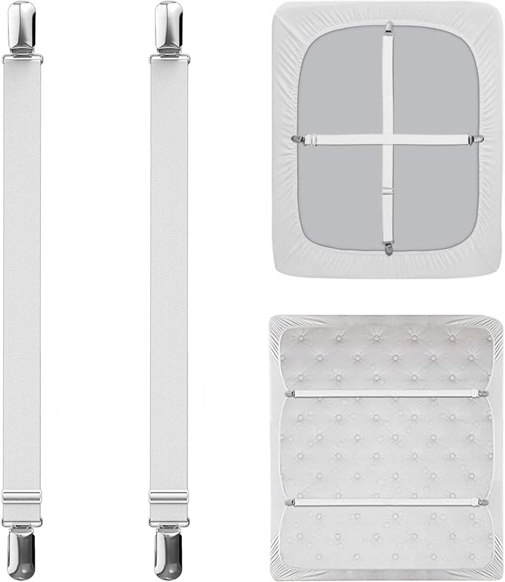 Lakenspanners 55-250 cm, elastische lakenspanners, witte lakenspanners met metalen clips, voor lakens, matras, strijkplank of bank (2PCS)