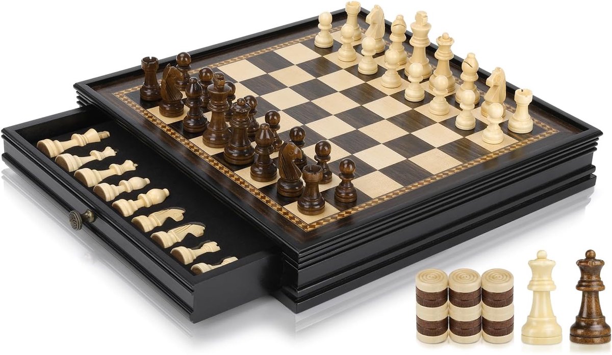 Magnetische houten schaakset - 32,5 x 32,5 cm schaakbordspel met 2 ingebouwde opbergladen - 2 bonus extra koninginnen - schaken voor beginners, kinderen en volwassenen, geschenkverpakking