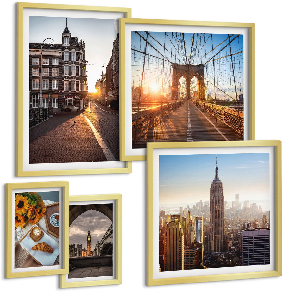 Coloray 5-Delige Schilderij Set - Charmante Steden, Architectonische Uitzichten En Zonsondergangen - 50 x 50 cm, 20 x 30 cm En 40 x 60 cm - Muurdecoratie - Decoratieve Schilderijen - Wohnzimmer