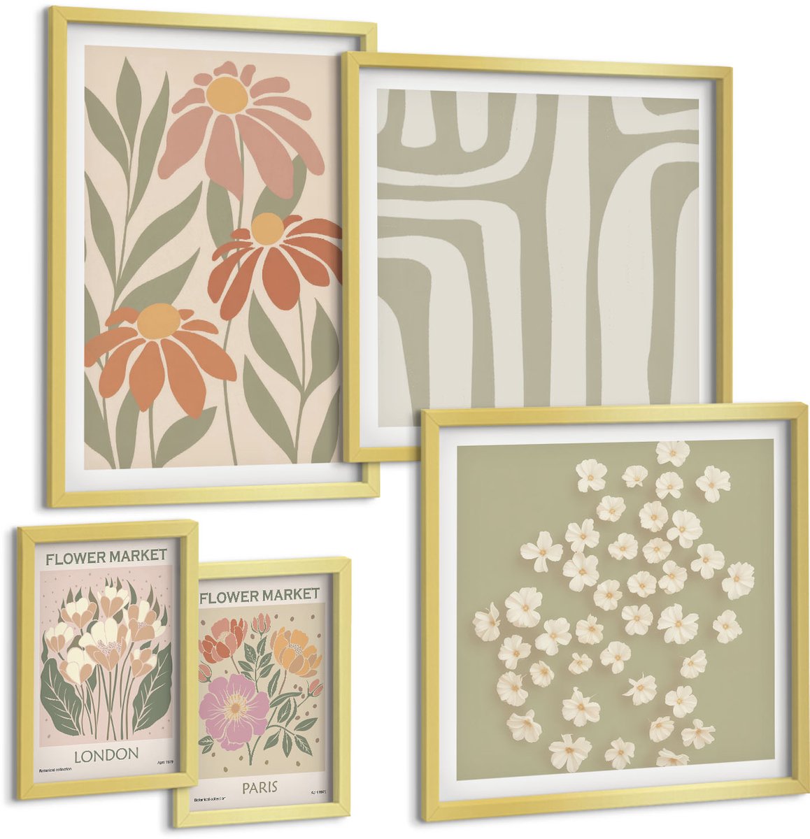 Coloray 5-Delige Schilderij Set - Bloemmotieven Van De Markten Van Londen En Parijs In Boho-Stijl - 50 x 50 cm, 20 x 30 cm En 40 x 60 cm - Schilderijen Set - Wanddecoratie - Woonkamer - Muurdecoratie