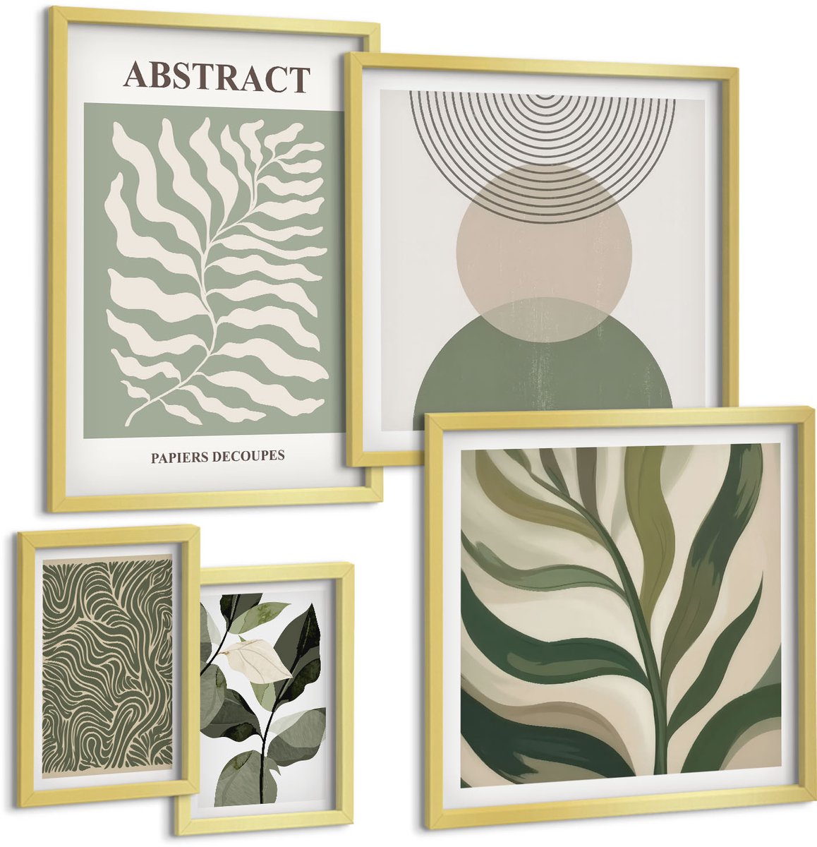 Coloray 5-Delige Schilderij Set - Abstracte Composities Met Plantmotieven En -Patronen - 50 x 50 cm, 20 x 30 cm En 40 x 60 cm - Wanddecoratie - Muurdecoratie - Moderne Interieurdecoratie - Stijlvolle Muurdecoratie