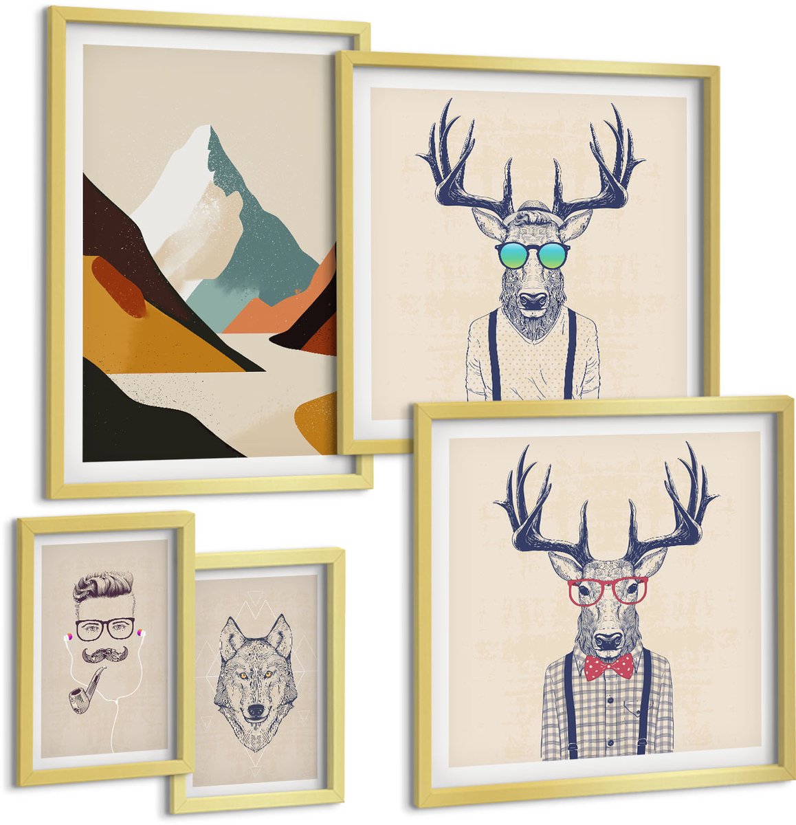 Coloray 5-Delige Schilderij Set - Stijlvolle Dierenportretten Met Een Berglandschap Als Achtergrond. - 50 x 50 cm, 20 x 30 cm En 40 x 60 cm - Stijlvolle Muurdecoratie - Slaapkamer - Moderne Wanddecoratie