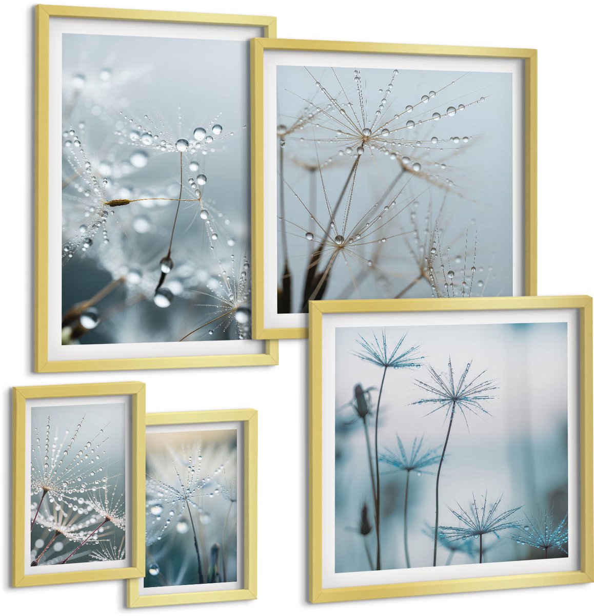 Coloray 5-Delige Schilderij Set - Verfijnde Plantmotieven Met Waterdruppels Op Een Natuurlijke Achtergrond. - 50 x 50 cm, 20 x 30 cm En 40 x 60 cm - Muurdecoratie - Schilderijen Set - Woonkamer - Interieur Decoratie