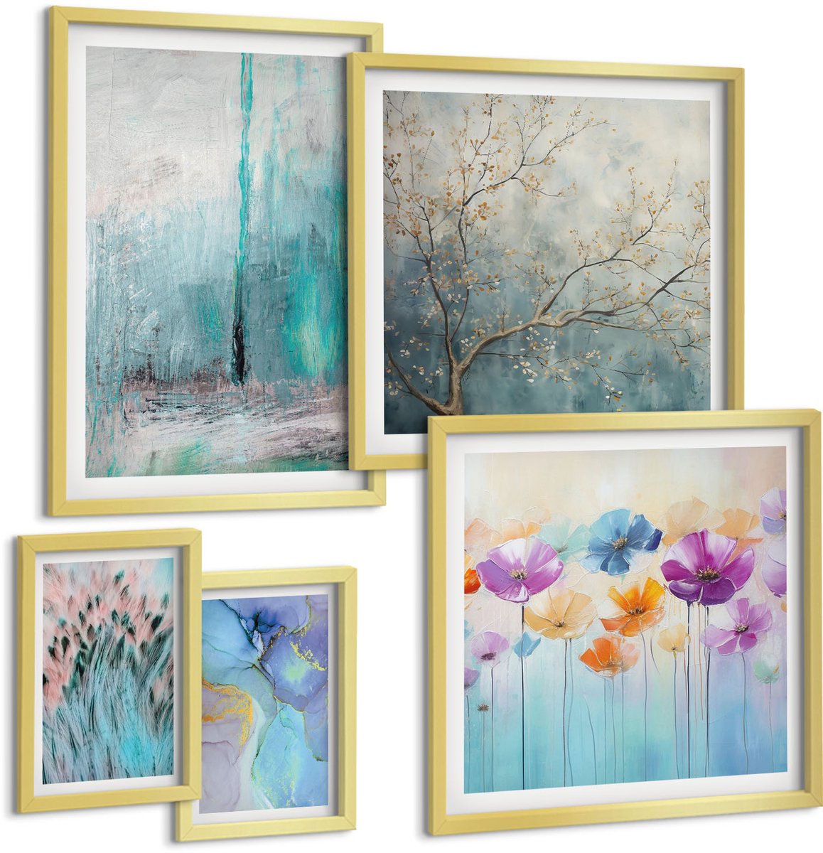 Coloray 5-Delige Schilderij Set - Abstracte Landschappen Met Bloemen En Delicate Motieven - 50 x 50 cm, 20 x 30 cm En 40 x 60 cm - Schilderijen Set - Wanddecoratie - Woonkamer - Decoratieve Schilderijen