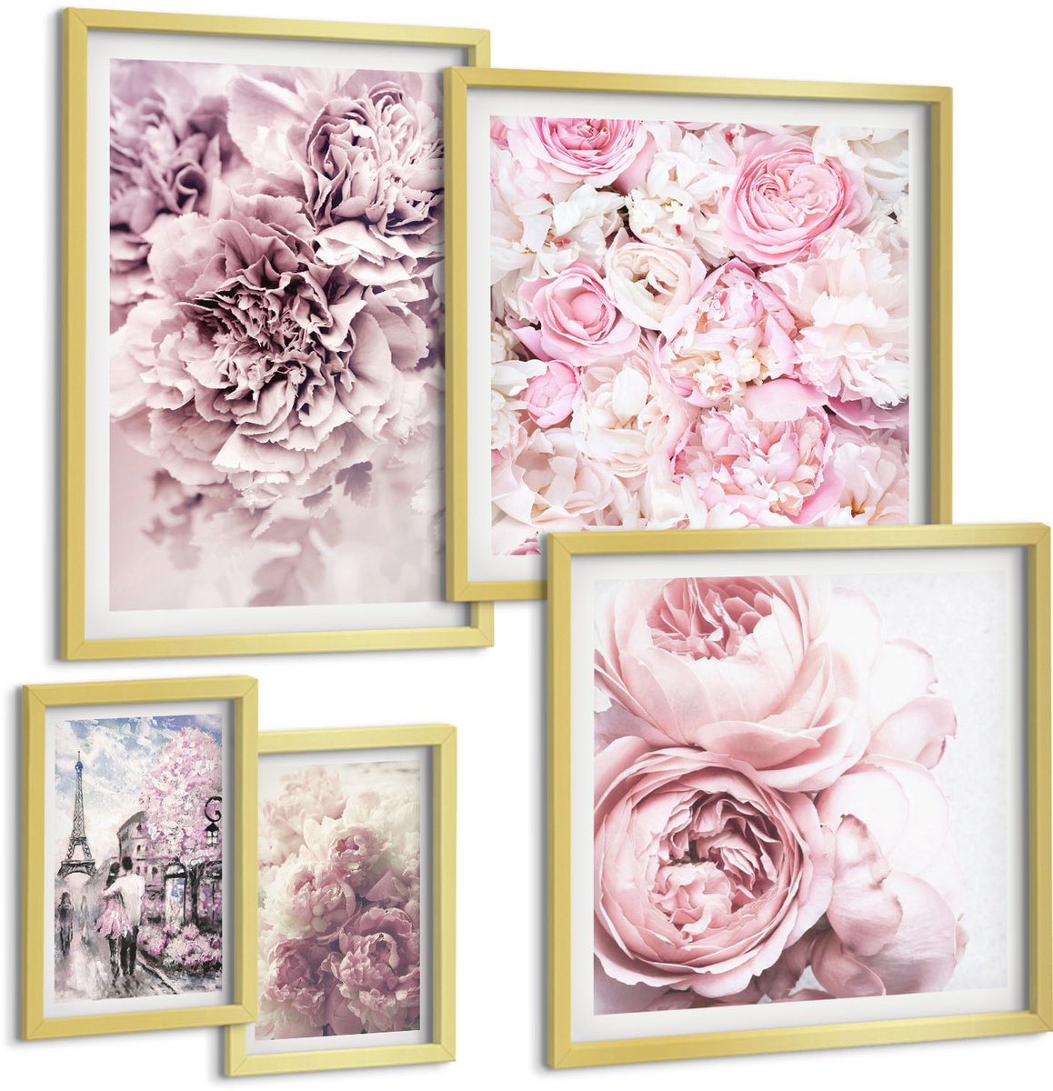 Coloray 5-Delige Schilderij Set - Romantische Vintage Bloemstukken - 50 x 50 cm, 20 x 30 cm En 40 x 60 cm - Wanddecoratie - Schilderijen Set - Kantoor - Decoratieve Schilderijen
