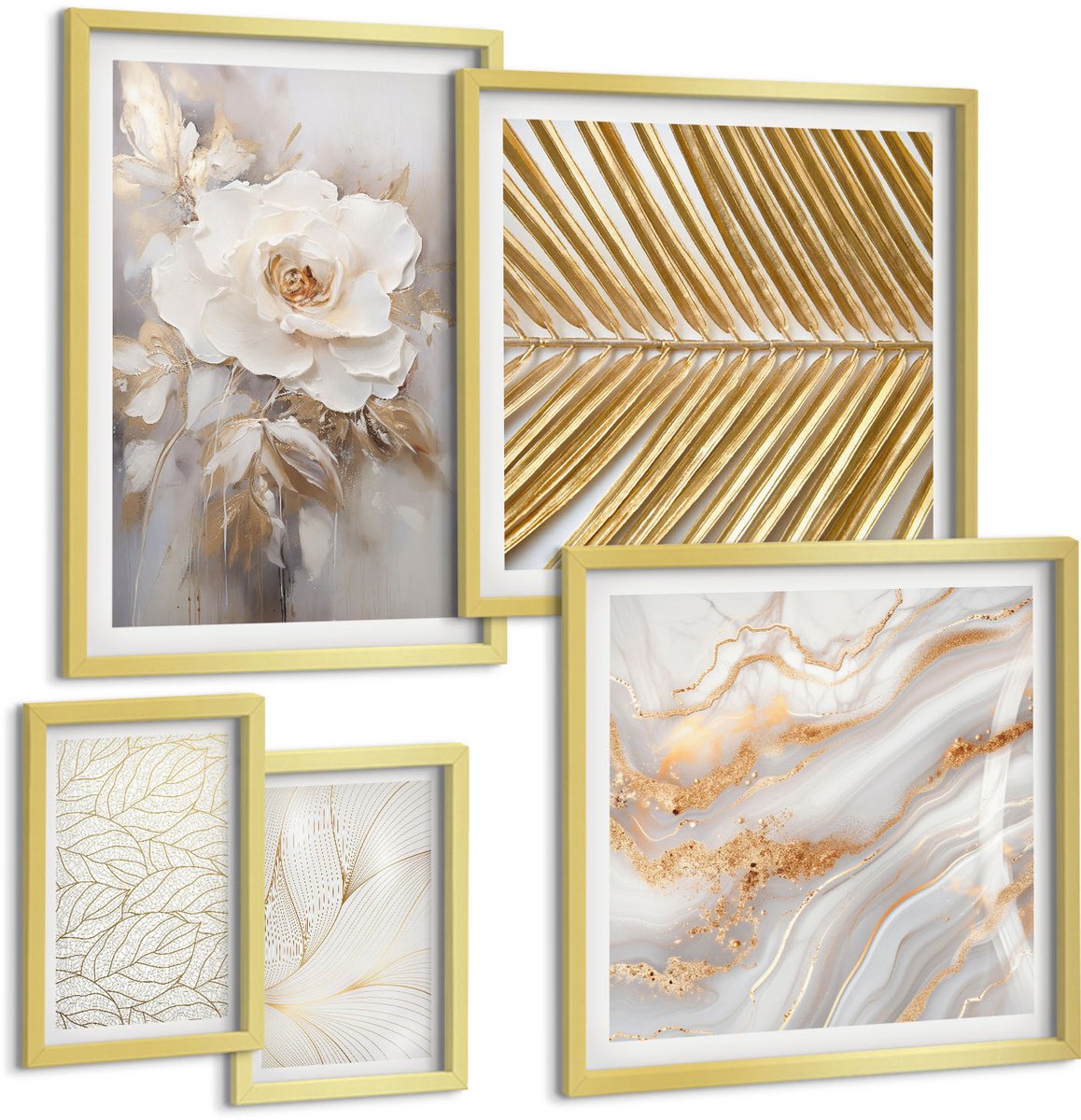 Coloray 5-Delige Schilderij Set - Stijlvolle Plantmotieven Met Delicate Bloemen En Bladeren. - 50 x 50 cm, 20 x 30 cm En 40 x 60 cm - Stijlvolle Muurdecoratie - Kantoor