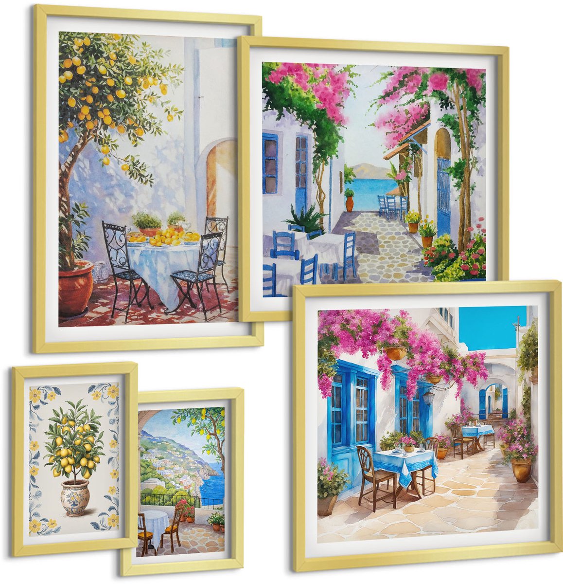 Coloray 5-Delige Schilderij Set - Charmante Mediterrane Landschappen Met Bloemen En Fruit. - 50 x 50 cm, 20 x 30 cm En 40 x 60 cm - Wanddecoratie - Muurdecoratie - Woonkamer