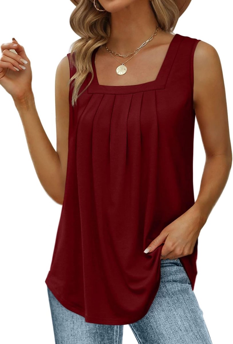 Tanktop voor dames, trendy mouwloos T-shirt, elegante zomertop met vierkante halslijn en plooien, losvallend model