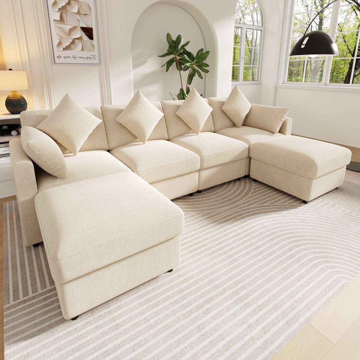Multifunctionele Hoekbank, U-Bank, 4-Zits Bank, Modulaire U-/L-Vormige Chenille Bank Met 2 Poefjes, Converteerbare Hoekcouch Met Verstelbare Armleuningen, Opbergruimte, Beige