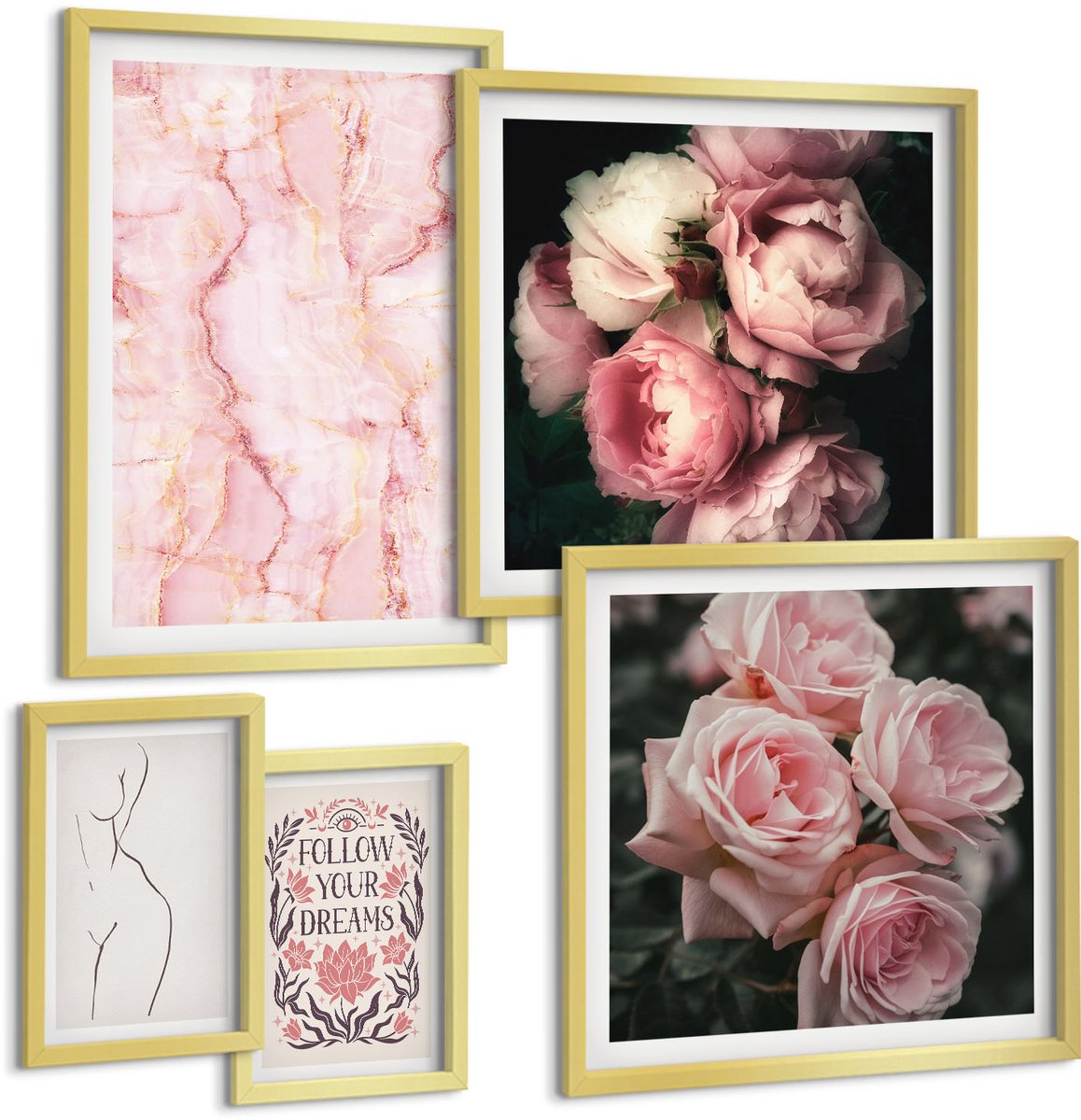 Coloray 5-Delige Schilderij Set - Roze Bloemen En Minimalistische Vormen In Boho-Stijl - 50 x 50 cm, 20 x 30 cm En 40 x 60 cm - Wanddecoratie - Moderne Interieurdecoratie - Woonkamer Decoratie