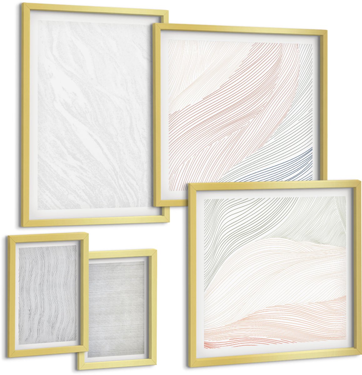 Coloray 5-Delige Schilderij Set - Heldere Structuren, Snaarpatronen Op Zand - 50 x 50 cm, 20 x 30 cm En 40 x 60 cm - Muurdecoratie - Schilderijen Set - Woonkamer - Interieur Decoratie
