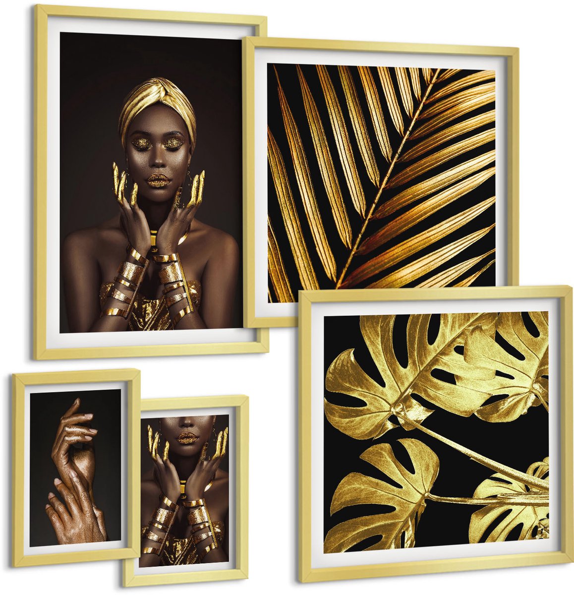 Coloray 5-Delige Schilderij Set - Glamourportretten Van Vrouwen Met Elementen Uit De Natuur. - 50 x 50 cm, 20 x 30 cm En 40 x 60 cm - Stijlvolle Wanddecoratie - Interieur - Decoratieve Schilderijen