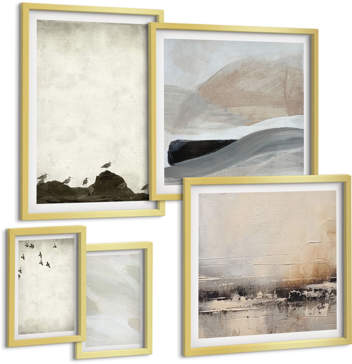 Coloray 5-Delige Schilderij Set - Vogels, Rotsen En Penseelstreken: Minimalistische Decoraties - 50 x 50 cm, 20 x 30 cm En 40 x 60 cm - Wanddecoratie - Schilderijen Set - Kantoor - Decoratieve Schilderijen