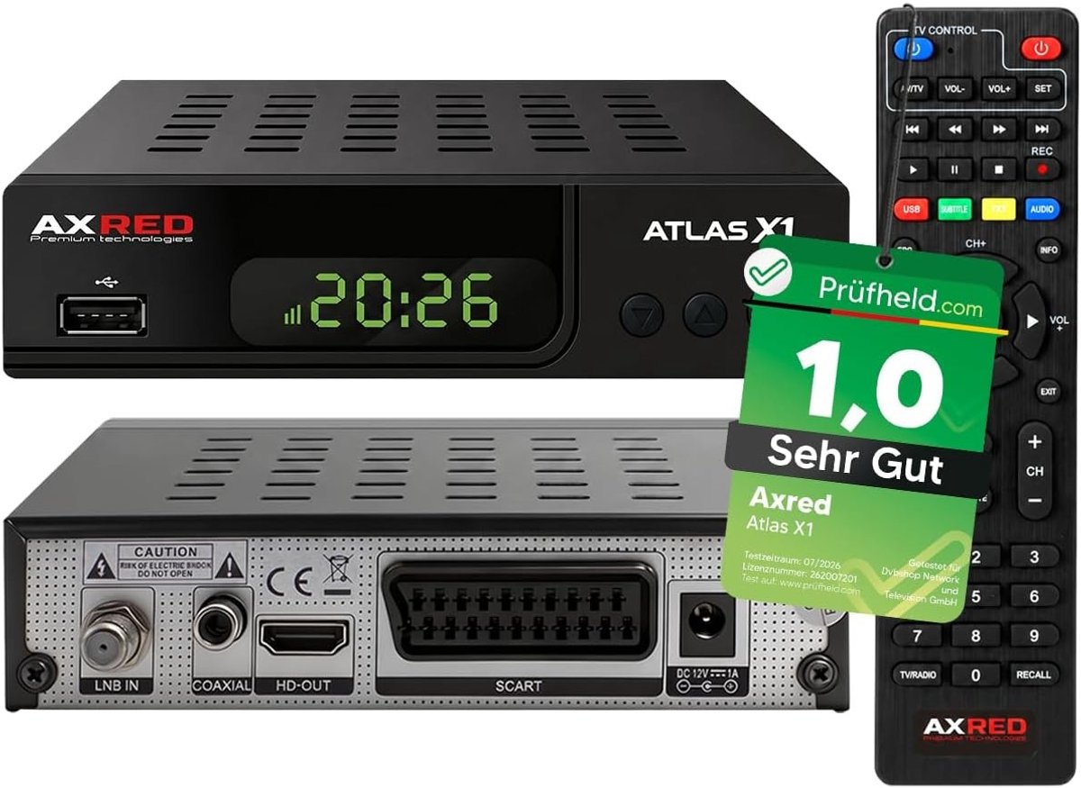 Satellietontvanger - Axred Atlas X1 - HD-compatibel - Digitale TV-ontvanger met Opnamefunctie - Voor Thuisgebruik