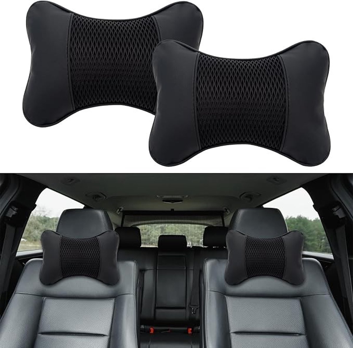 PolkaHome Nekkussen 2 stuks - Ergonomisch traagschuim autokussen met PU-leer - 28x18 cm