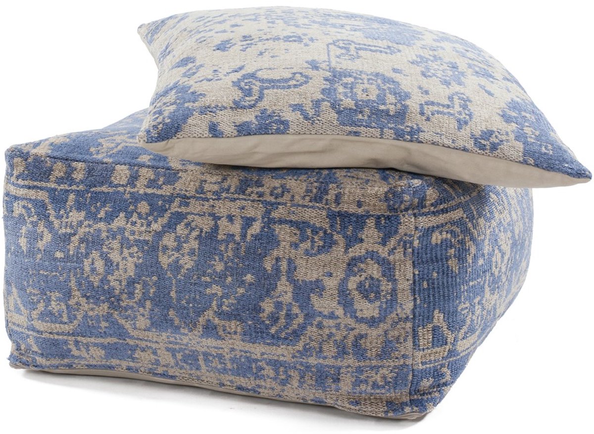Padiro poef met zitkussen 80 x 80 x 40 cm - taupe en blauw - stoffen bekleding - handgemaakt met vintagepatroon