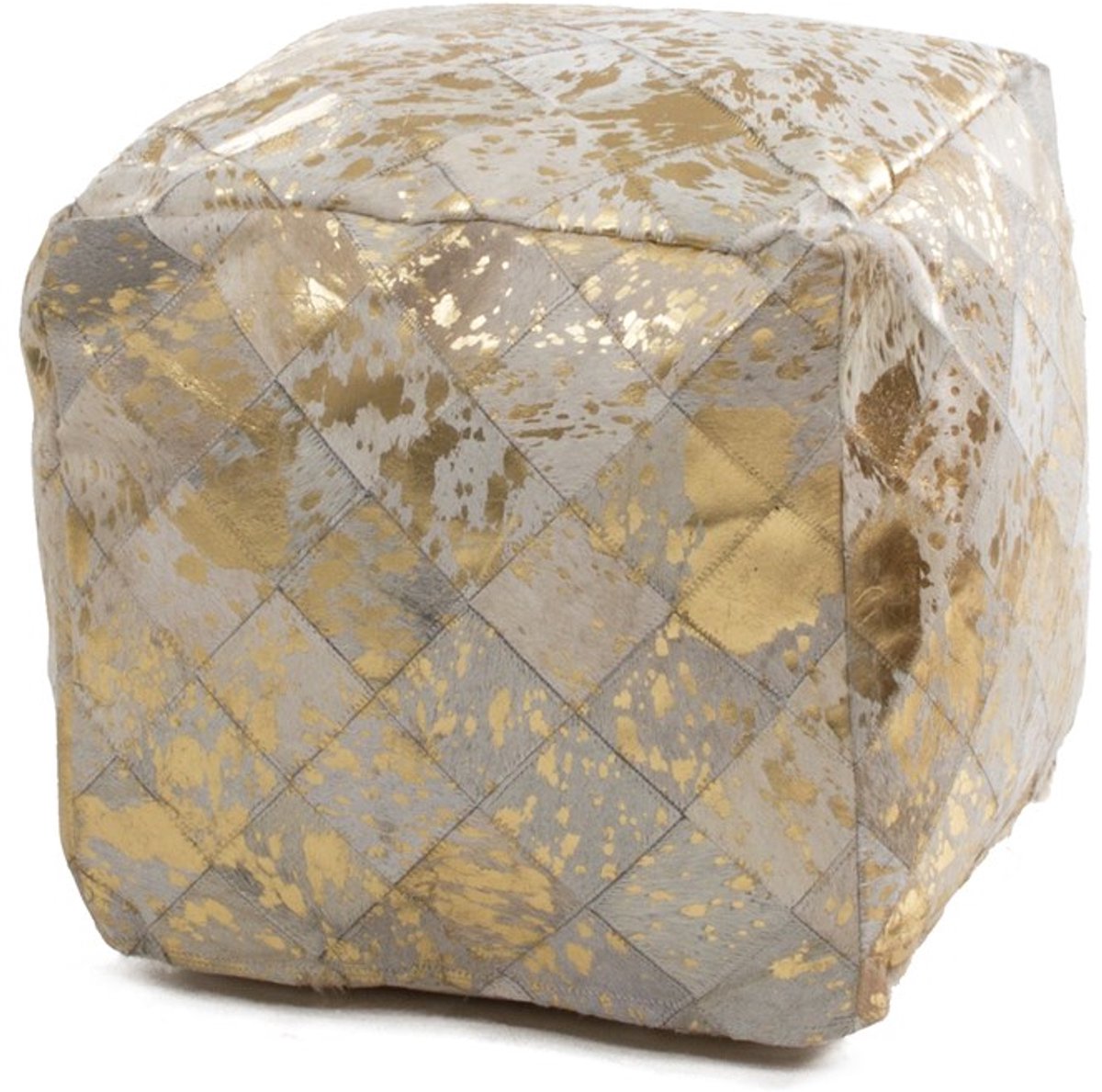 Padiro vierkante poef 45 x 45 x 45 cm - ivoor en goudkleurig - leer - handgemaakt met patchworkpatroon