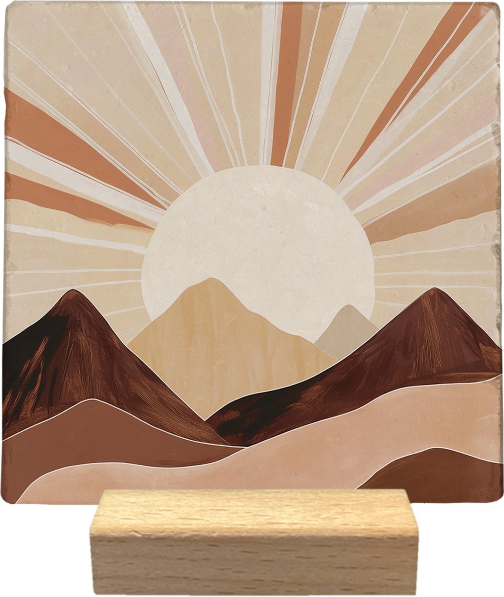 Artige Decoratie tegel - Zon - natuursteen - 10x10 cm - inclusief houder beige