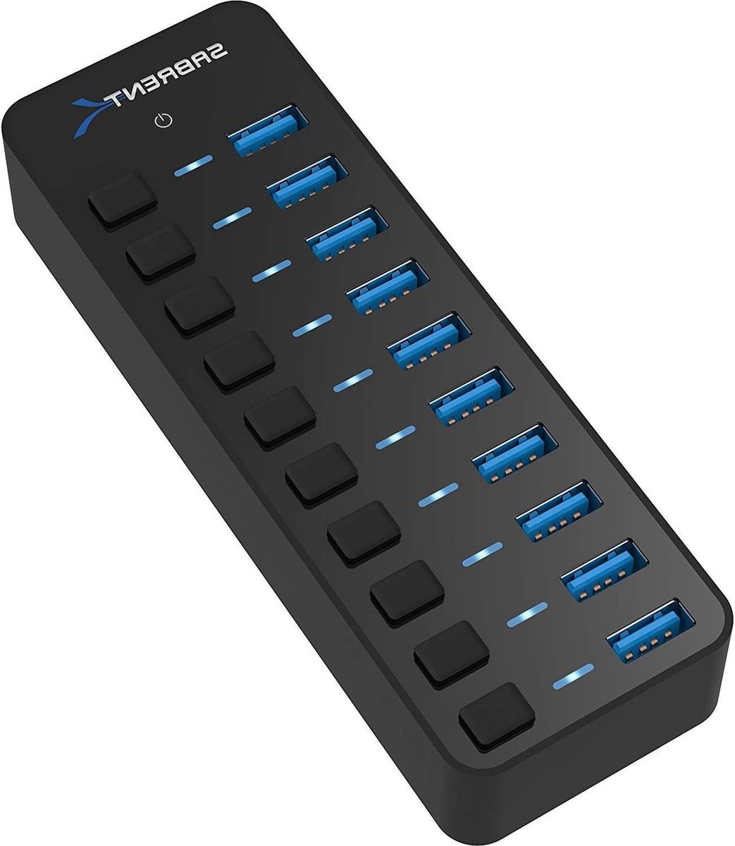 USB Hub - Poorten Uitbreider - Apparaten Aansluiten - Individuele Aan/Uit Schakelaars - 10 Poorten - Zwart