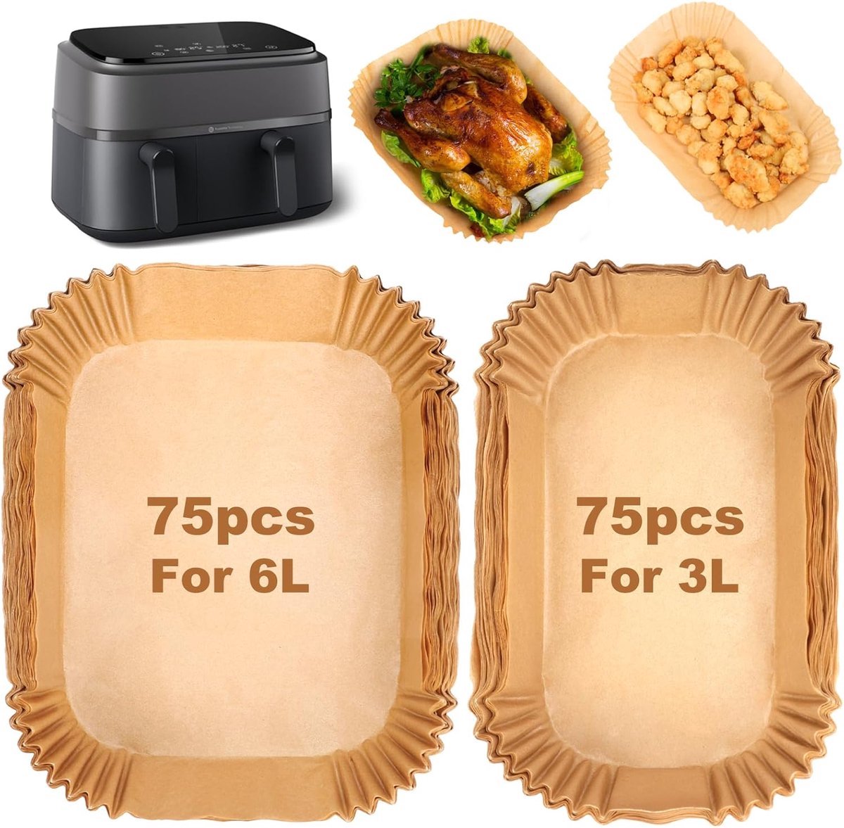 casalora - Bakpapier airfryer - Bakpapiervellen - Geschikt voor Philips Dual Basket Airfryer 3000-serie en 5000-serie (6L/3L) – modellen NA350/300 en NA550/500 - 150 Stuks - Airfryer Wegwerpbakjes - Geschikt voor Philips 9L heteluchtfriteuse