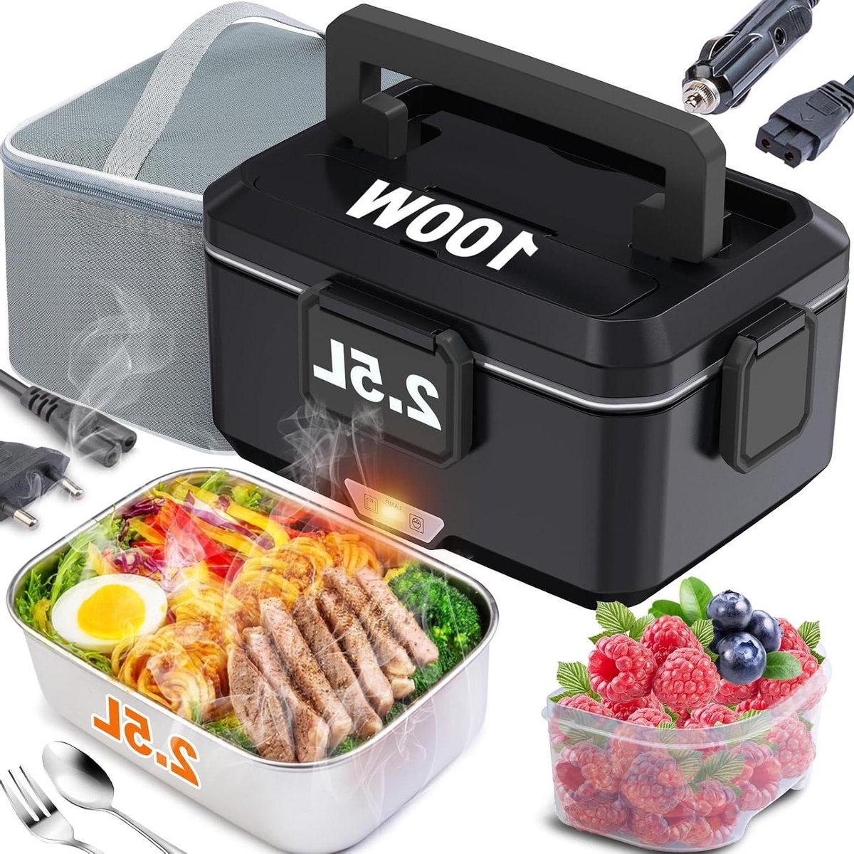 Elektrische lunchbox - Draagbare voedselwarmer - Warme maaltijd onderweg - 3-in-1 stroomvoorziening - 25 liter capaciteit - Zwart