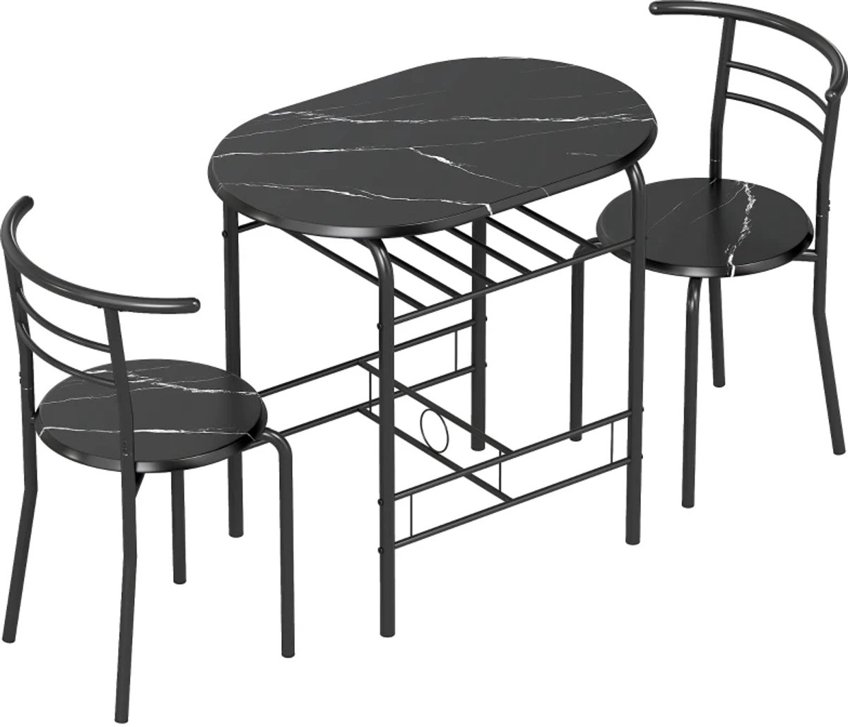 Eethoek - 3-delige Eetset - Keukentafel En Stoelen Voor 2 Personen - Met Plank - Woonkamer - Zwart Marmerlook