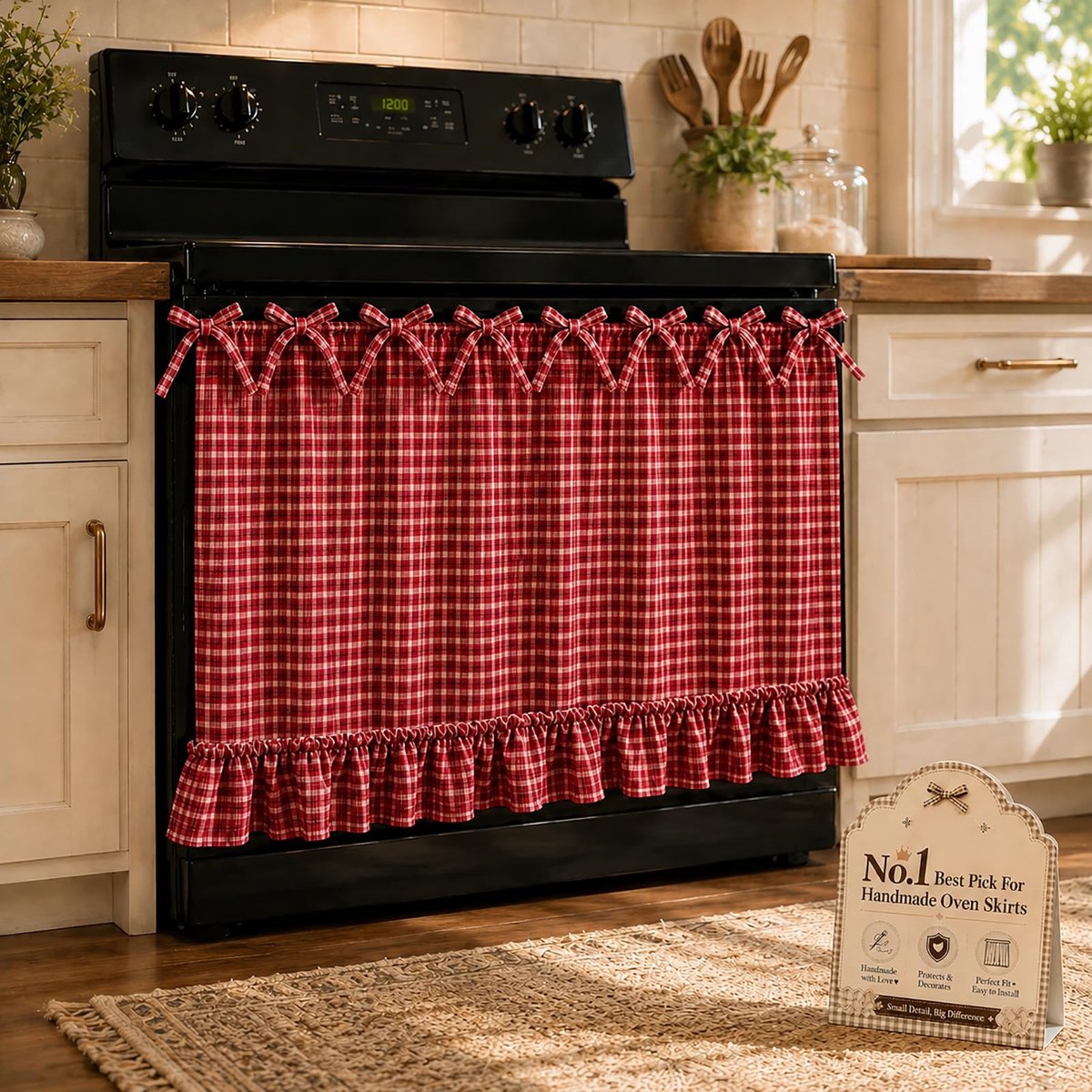 Casalora® Ovenrok Gordijn – Handgemaakt met Strikbanden – Gingham Ruitjespatroon – Landelijke Keuken Decoratie – Voor Oven, Fornuis en Vaatwasser – 77 × 55 cm – Rood