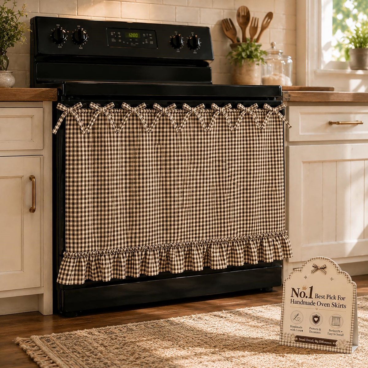 Casalora® Ovenrok Gordijn – Handgemaakt met Strikbanden – Gingham Ruitjespatroon – Landelijke Keuken Decoratie – Voor Oven, Fornuis en Vaatwasser – 77 × 55 cm – Bruin