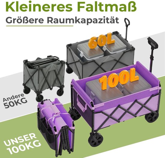 Emvae Bolderkar - Opvouwbare Bolderkar - Bolderwagen - Telescopisch Handvat - 100 kg Draagvermogen - 100 Liter - 74 x 46 x 96,5 cm - Violet — afbeelding 4