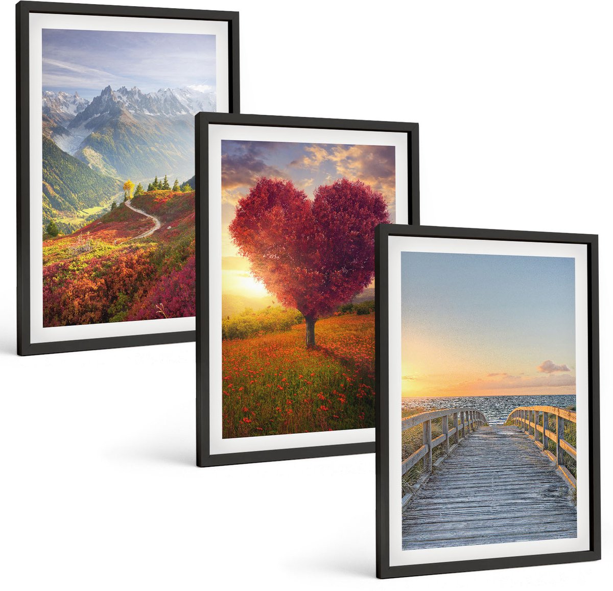 Coloray 3-Delige Schilderij Set - Berglandschappen Hartvormige Boompier - 40 x 60 cm - Moderne Wanddecoratie - Woonkamer