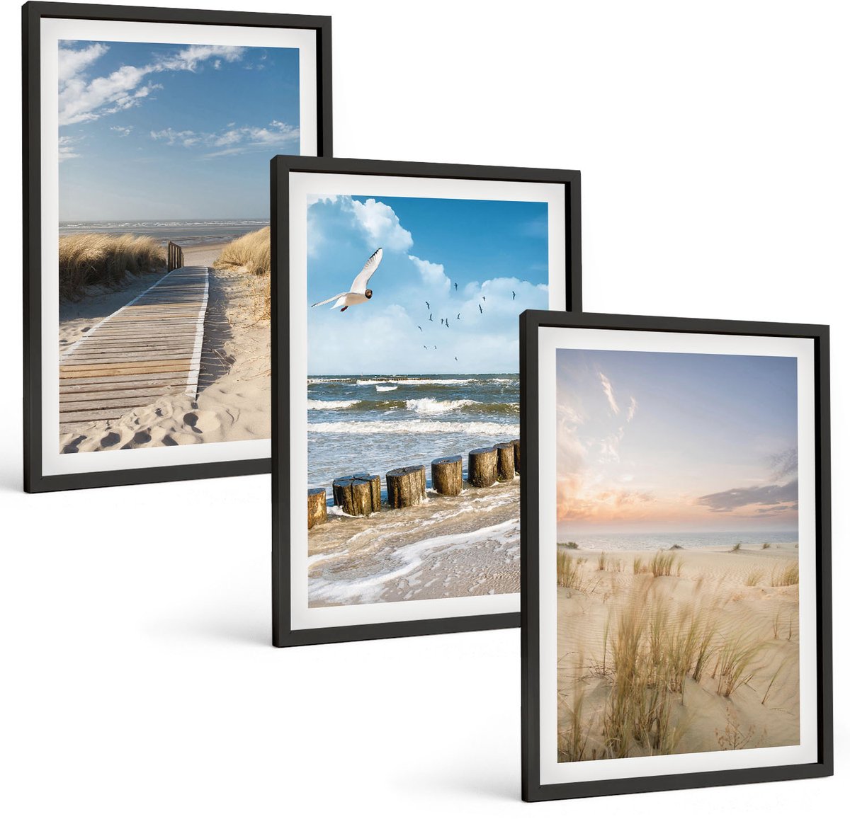 Coloray 3-Delige Schilderij Set - Strand Met Zand, Golven, Lucht En Vogels In De Lucht. - 40 x 60 cm - Stijlvolle Muurdecoratie - Slaapkamer - Wanddecoratie