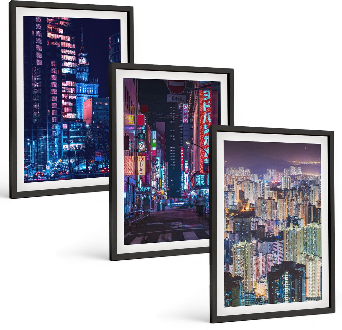 Coloray 3-Delige Schilderij Set - Nachtelijke Stadsgezichten Met Neonlichten - 40 x 60 cm - Wanddecoratie - Muurdecoratie - Woonkamer - Interieur Decoratie