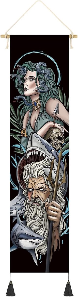 Griekse goden rolafbeelding van stof | Mythologie Kakemono 142x33cm | Incl. haken | Motief: Poseidon & Medusa