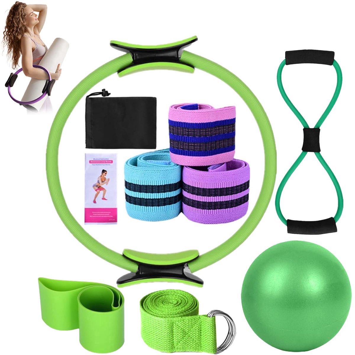 Pilates Ring - Weerstandsbanden - Pilates bal - Yoga ring - Ideaal voor fitness en flexibiliteitsoefeningen - Complete Lichaamsverstevigingsset - Yogabanden voor stretching - Resistance band - Groen - Accessoires voor Thuisgymnastiek