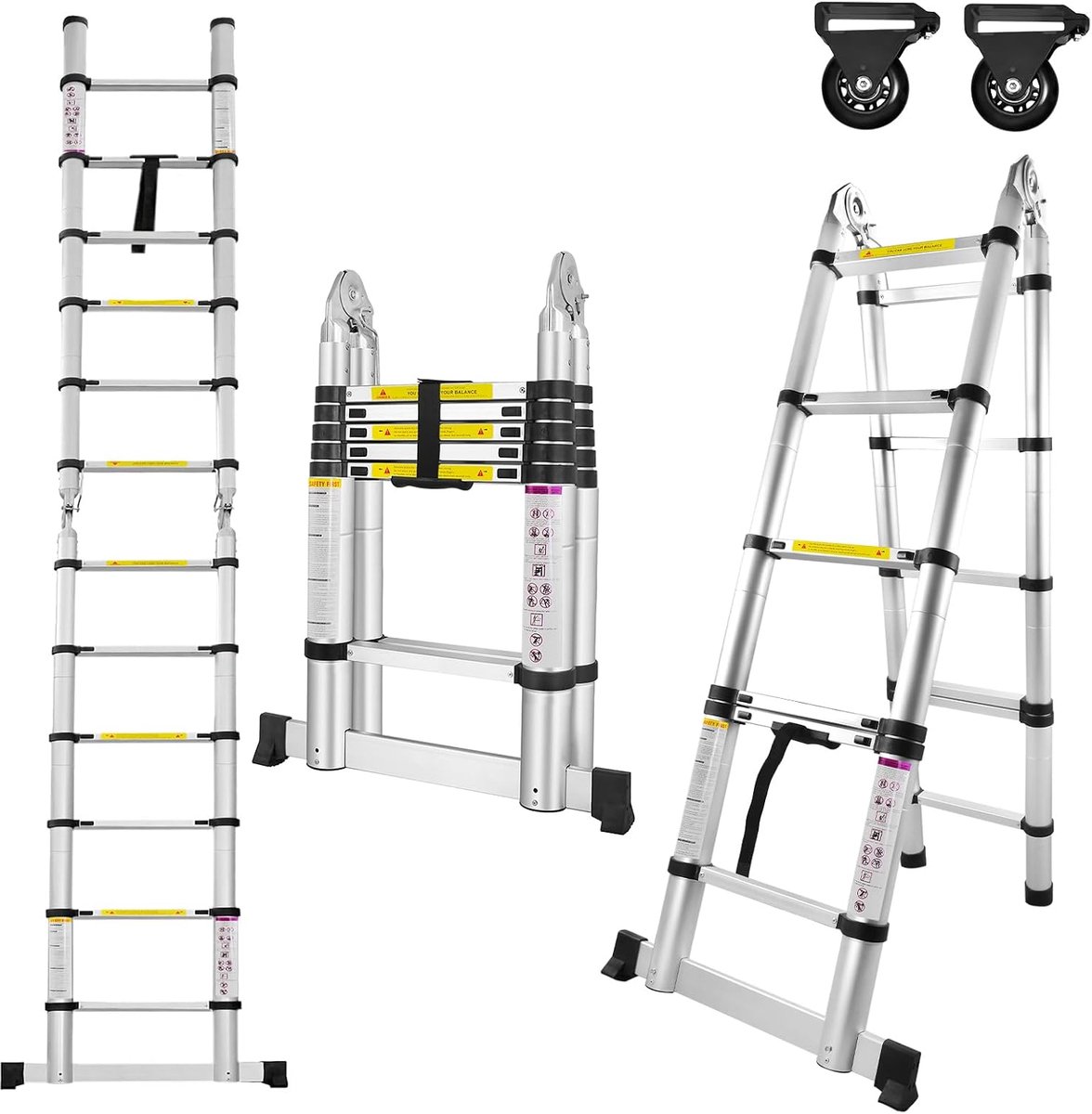 Telescoopladder, aluminium, inklapbare ladder, multifunctioneel, maximaal belastbaar tot 150 kg, 5 m (1,9 +1,9m)