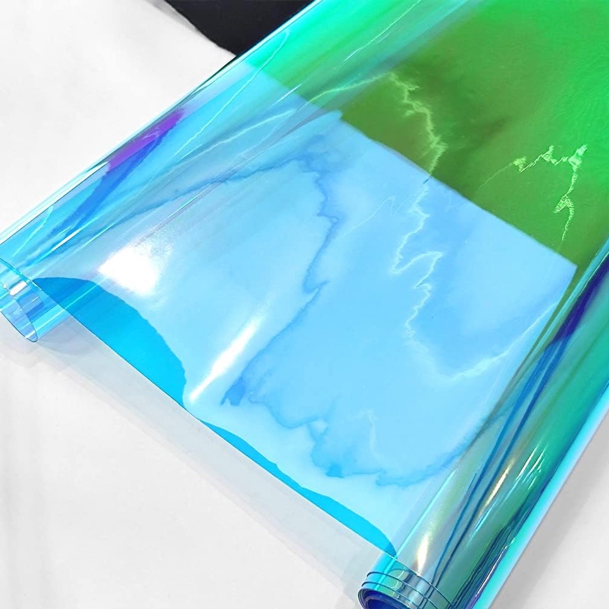 PVC-vinyl iriserend blauw spiegelend folie laser grafisch weefsel voor doe-het-zelf-knutselwerkjes, tassen, portemonnees, lichtblauw, XHT-299-L XHT, 30,48 x 134,6 cm