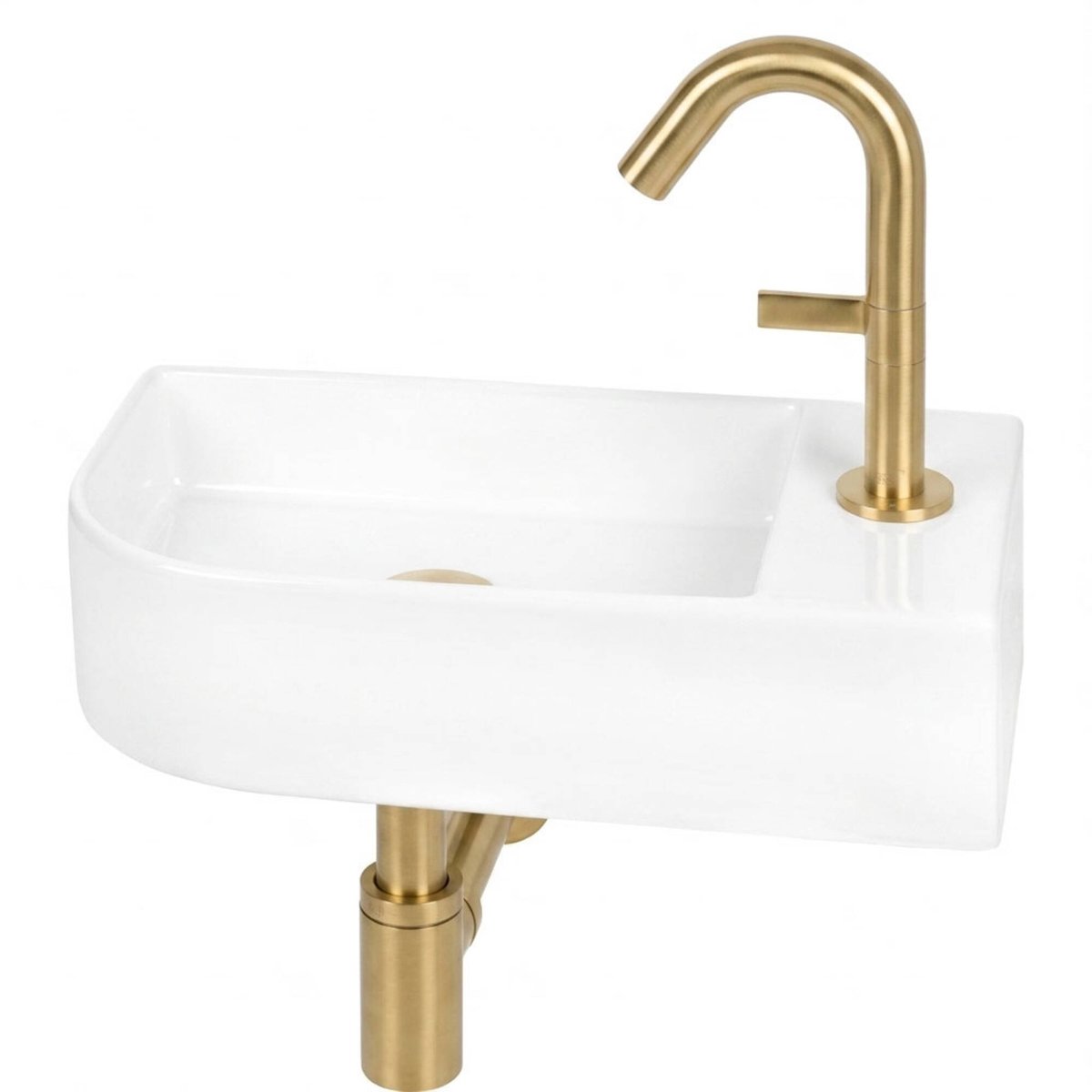Saqu Olivo fonteinset afgerond glans wit keramiek incl. geborsteld messing kraan rechts