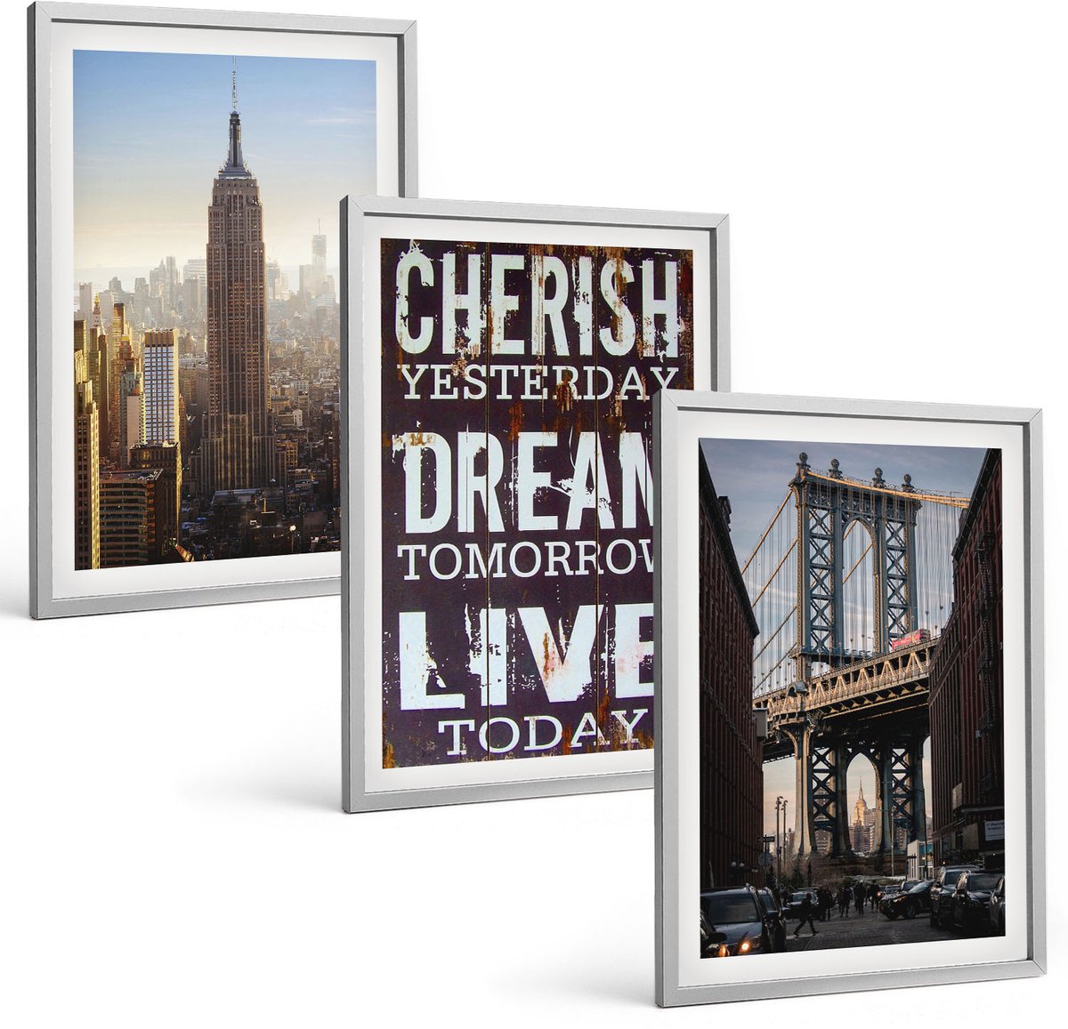 Coloray 3-Delige Schilderij Set - Landschappen Van New York City Met Een Inspirerend Citaat - 40 x 60 cm - Wanddecoratie - Muurdecoratie - Moderne Interieurdecoratie