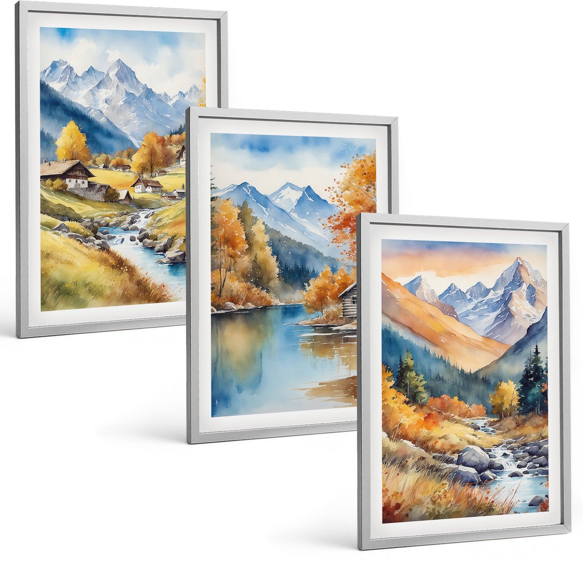 Coloray 3-Delige Schilderij Set - Geschilderde Herfstbergen Met Een Rivier En Huisjes - 40 x 60 cm - Wanddecoratie - Woonkamer Decoratie - Stijlvolle Muurdecoratie