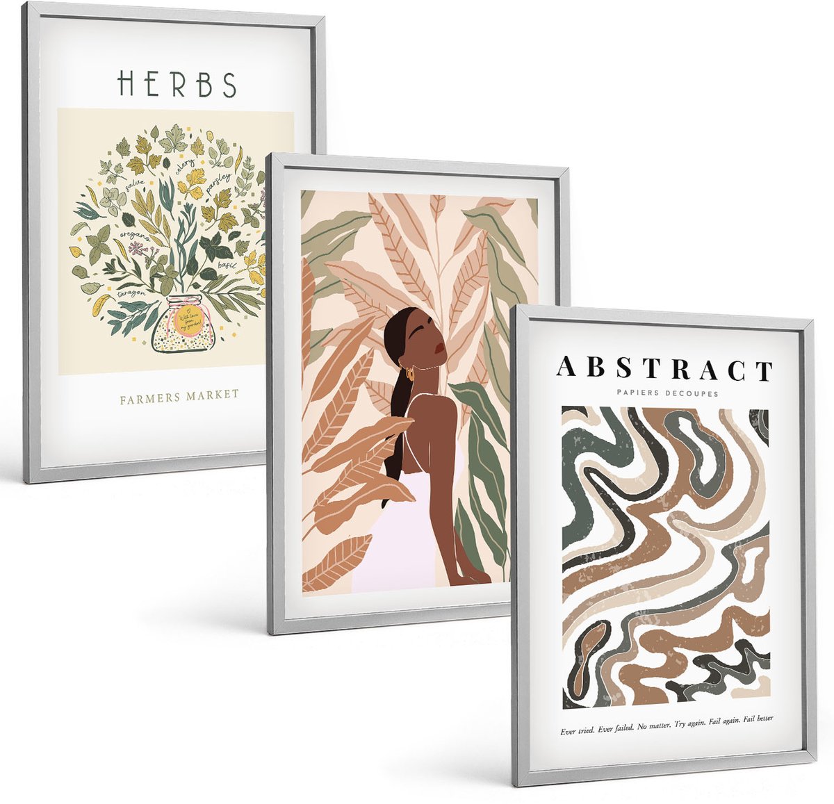 Coloray 3-Delige Schilderij Set - Boho-Esthetiek, Pastelkleurige Minimalistische Posters - 40 x 60 cm - Muurdecoratie - Wanddecoratie - Slaapkamer - Stijlvolle Muurdecoratie Zilveren lijst