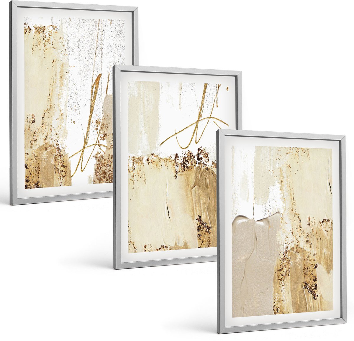 Coloray 3-Delige Schilderij Set - Abstracte Patronen In Beige En Witte Tinten. - 40 x 60 cm - Decoratieve Schilderijen - Woonkamer - Interieur - Woonkamer Decoratie