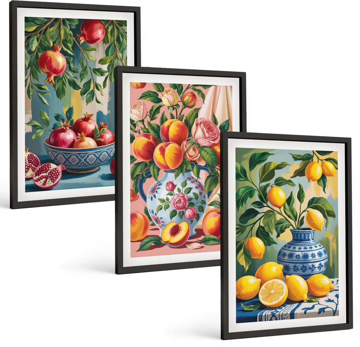 Coloray 3-Delige Schilderij Set - Fruitcomposities Met Granaatappels, Citroenen En Perziken - 40 x 60 cm - Muurdecoratie - Wanddecoratie - Hal - Moderne Wanddecoratie