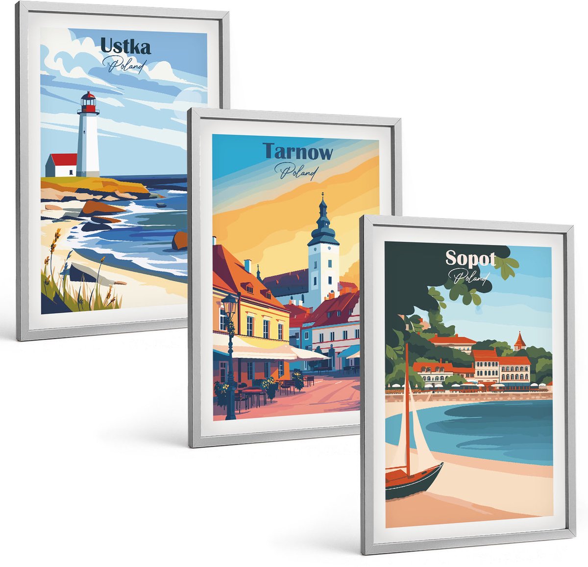 Coloray 3-Delige Schilderij Set - Uitzicht Op De Poolse Steden Ustka Tarnów Sopot - 40 x 60 cm - Decoratieve Schilderijen - Woonkamer - Interieur - Moderne Wanddecoratie