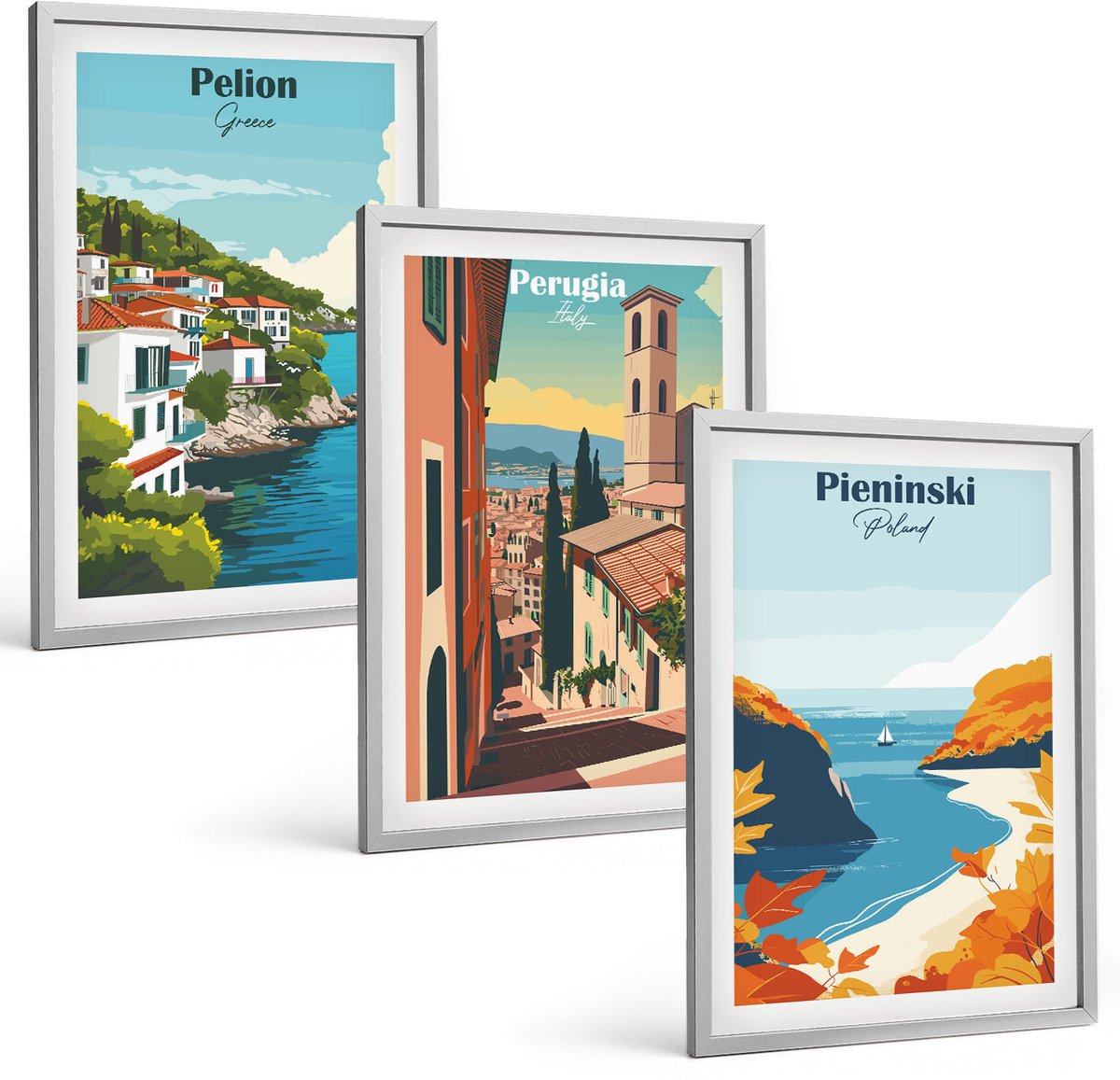 Coloray 3-Delige Schilderij Set - Schilderachtige Landschappen In Retrostijl - 40 x 60 cm - Moderne Wanddecoratie - Woonkamer
