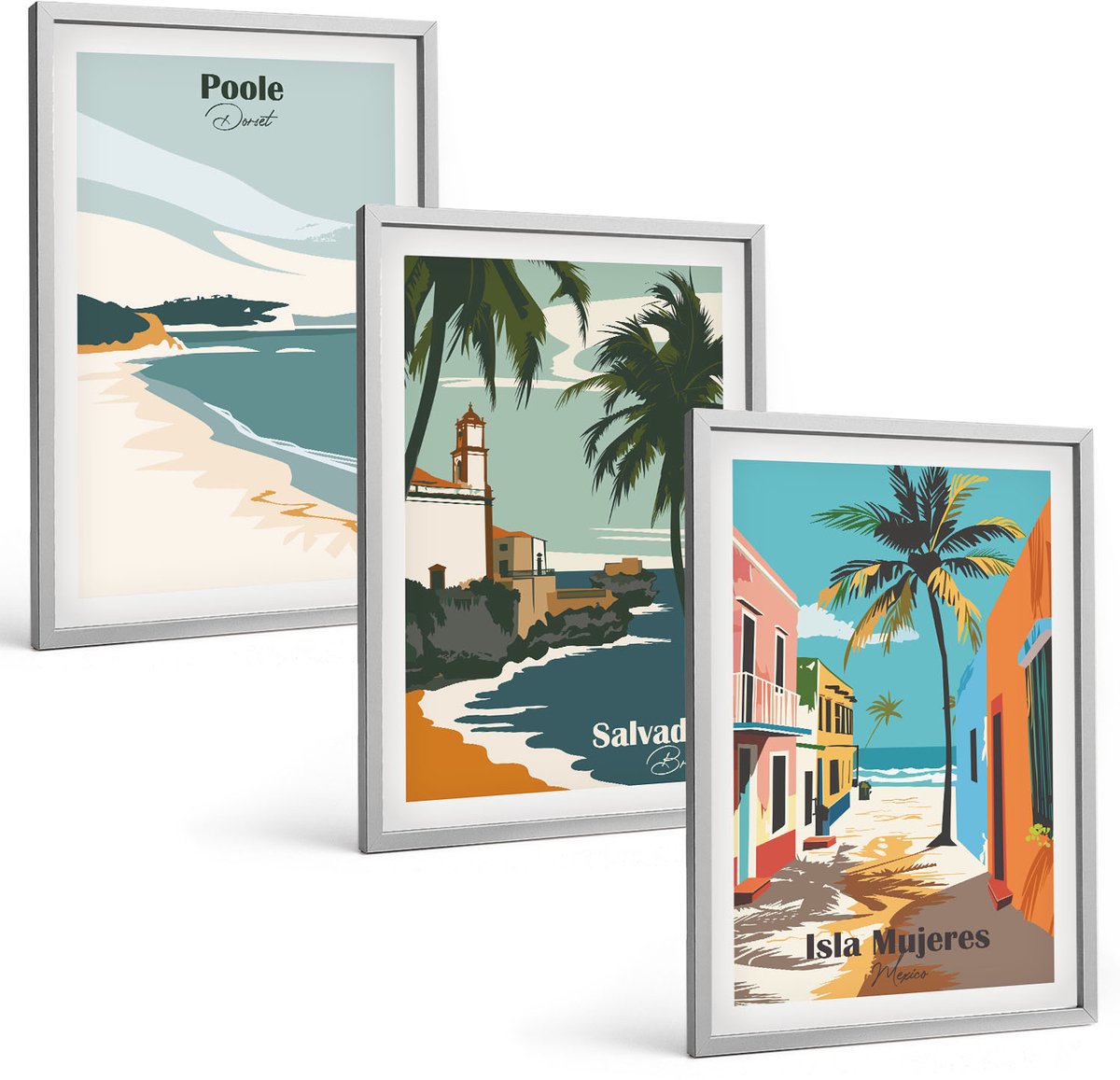 Coloray 3-Delige Schilderij Set - Tropische Landschappen Met Stranden En Palmbomen - 40 x 60 cm - Wanddecoratie - Schilderijen Set - Kantoor - Interieur Decoratie