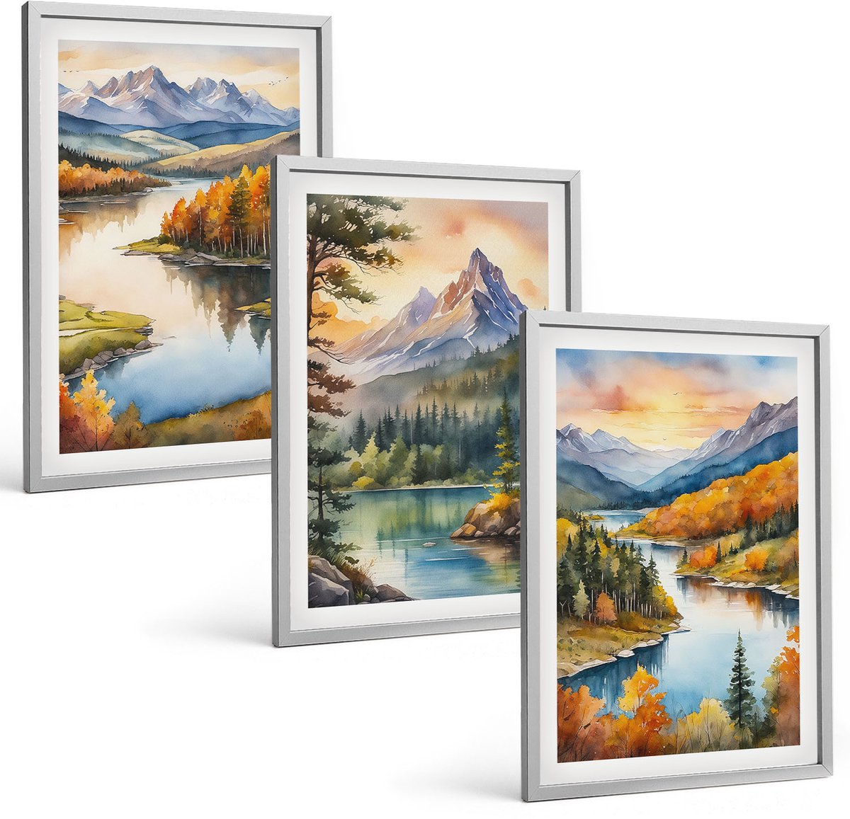 Coloray 3-Delige Schilderij Set - Berglandschappen Met Een Rivier En Kleurrijke Bomen - 40 x 60 cm - Muurdecoratie - Interieur Decoratie