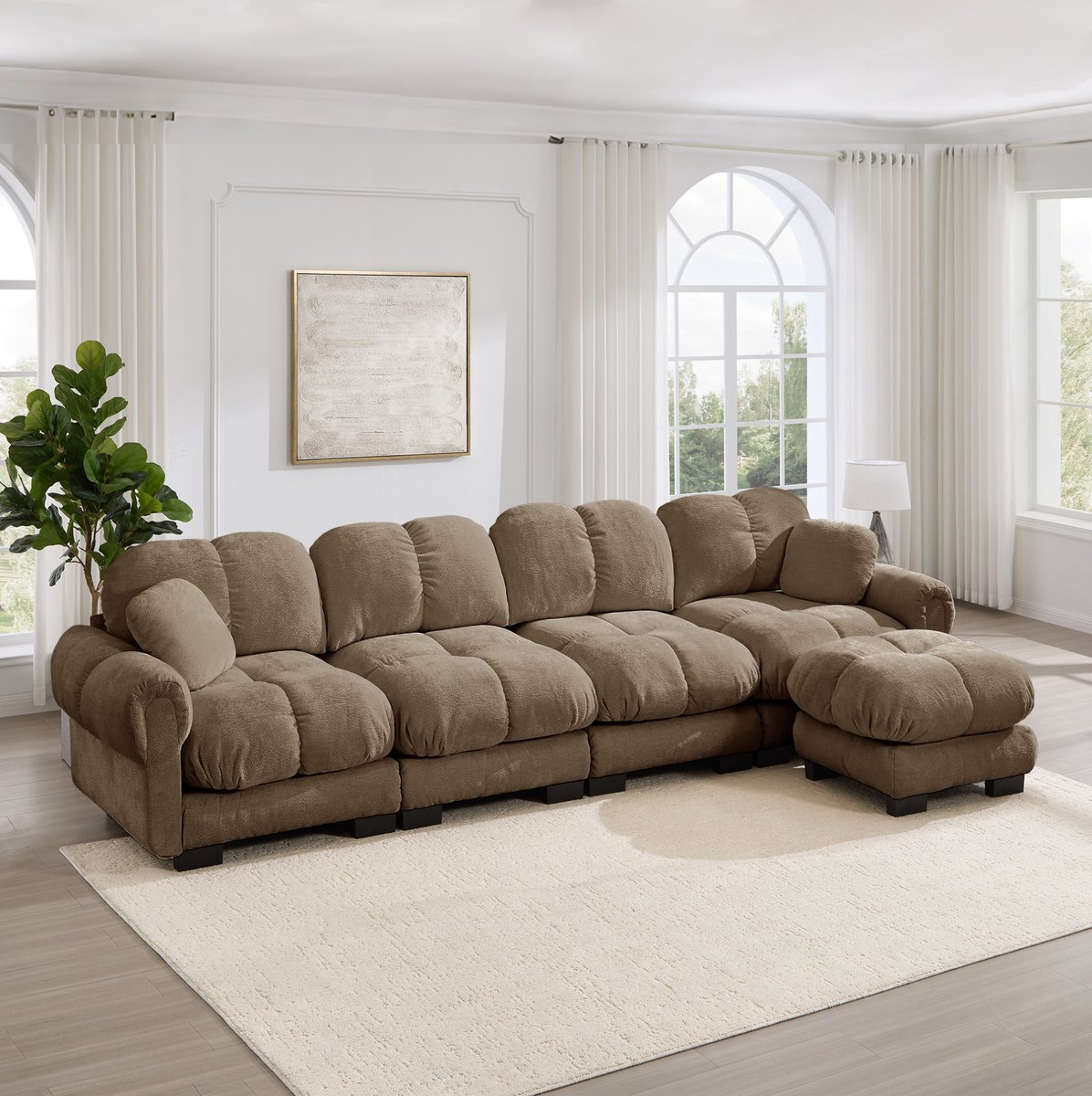 REDOM - Hoekbank - 4-zits L-vormig - Modulair met mobiele ottomane - Gestikt patroon - Woonkamerbank - Chenille - Bruin - 330 x 149 x 90 cm