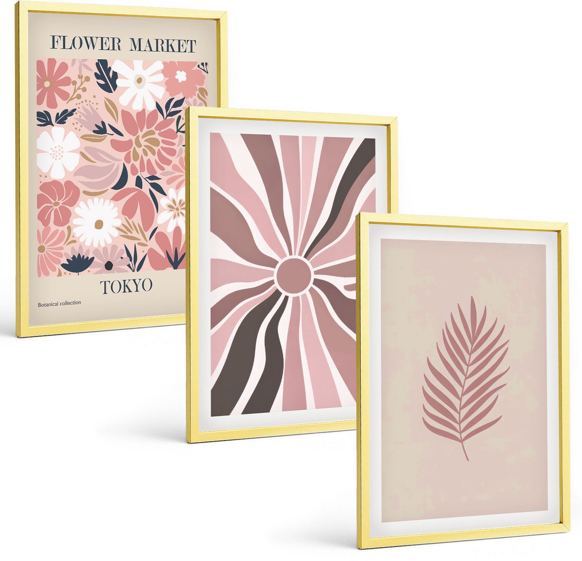 Coloray 3-Delige Schilderij Set - Bloemmotieven Met Bladeren En Geometrische Vormen - 40 x 40 cm En 40 x 60 cm - Moderne Wanddecoratie - Woonkamer - Decoratieve Schilderijen