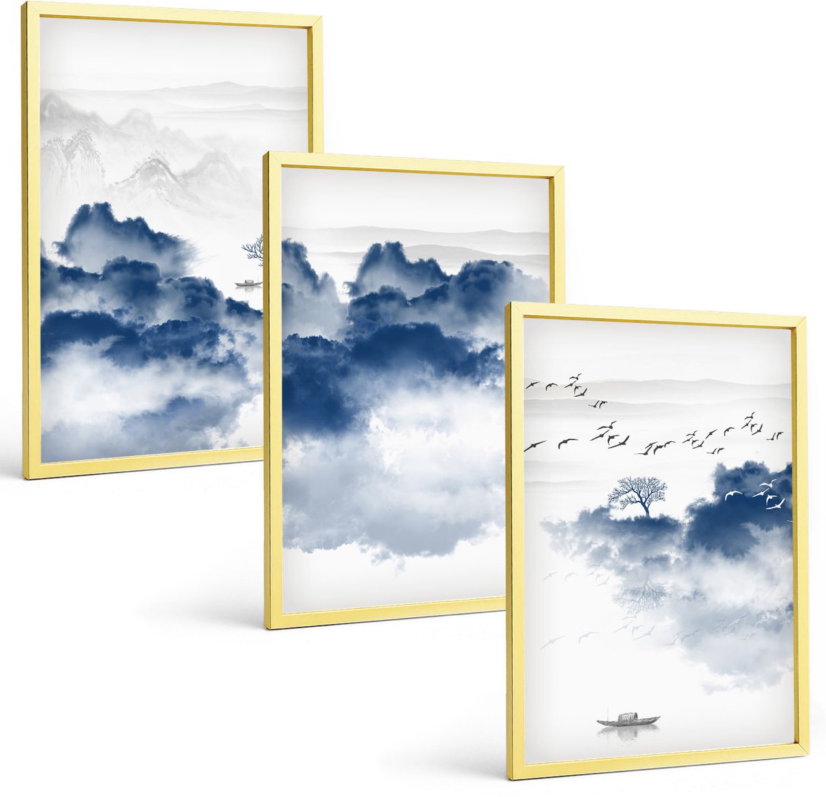 Coloray 3-Delige Schilderij Set - Wolkengebergte Met Bomen En Vogels Op De Achtergrond - 40 x 40 cm En 40 x 60 cm - Stijlvolle Wanddecoratie - Interieur - Stijlvolle Muurdecoratie