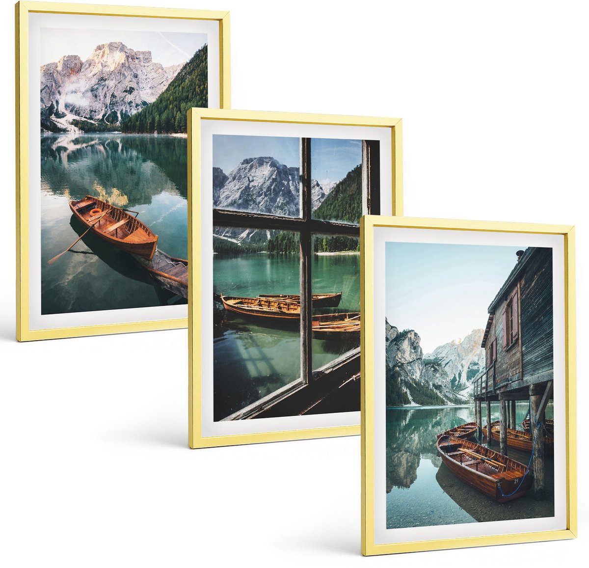 Coloray 3-Delige Schilderij Set - Winters Berglandschap Met Een Aanlegsteiger Aan Het Meer. - 40 x 40 cm En 40 x 60 cm - Muurdecoratie - Decoratieve Schilderijen - Wohnzimmer